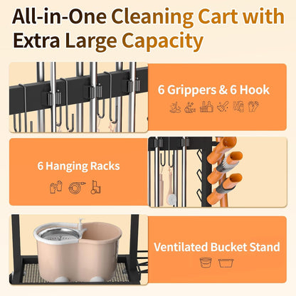 Broom Holder with Cleaning Supplies Organizer Load 160 LBS Cleaning Cart with Wheels Broom Closet Storage with 6 Mop Hanger Grippers, 3 Double-Hooks, Vacuum Stand for Laundry Garage Organization