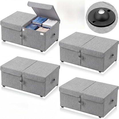 Geelin 4 Pack Under Bed Storage with Wheels, 10 Inch Height 65L Large Capacity Foldable Underbed Storage Bins with Lids & Handles, Easy Assembly Rolling Under Bed Containers for Clothes Blankets Shoes