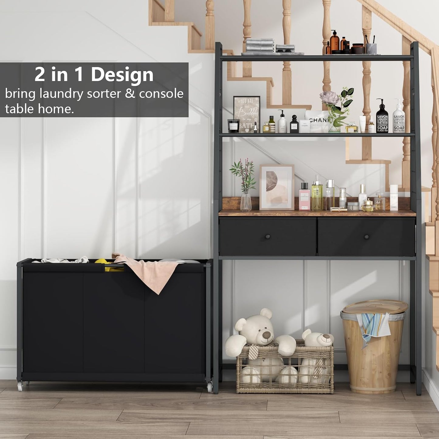 STIKELY Laundry Hamper Laundry Basket with 3 Section Pull-Out Rolling Bags, Laundry Sorter for Organization and Storage with 2 Pull-Out Drawers for Laundry Room, Bathroom, Bedroom Use (Rustic Brown)