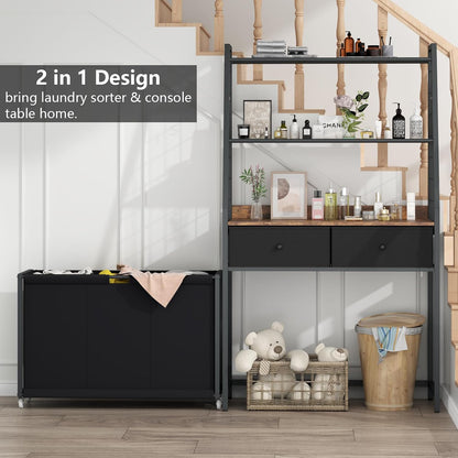 STIKELY Laundry Hamper Laundry Basket with 3 Section Pull-Out Rolling Bags, Laundry Sorter for Organization and Storage with 2 Pull-Out Drawers for Laundry Room, Bathroom, Bedroom Use (Rustic Brown)