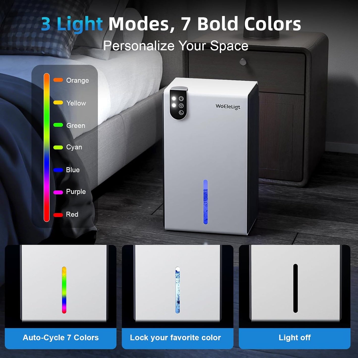 98 OZ Small Dehumidifier for Home 1000 Sq Ft, Quiet Dehumidifier with Drain Hose, Auto Shut-Off, Sleep Mode, 7-Color Light for Basement, Bedroom, Bathroom, Closet, RV (Sliver White)