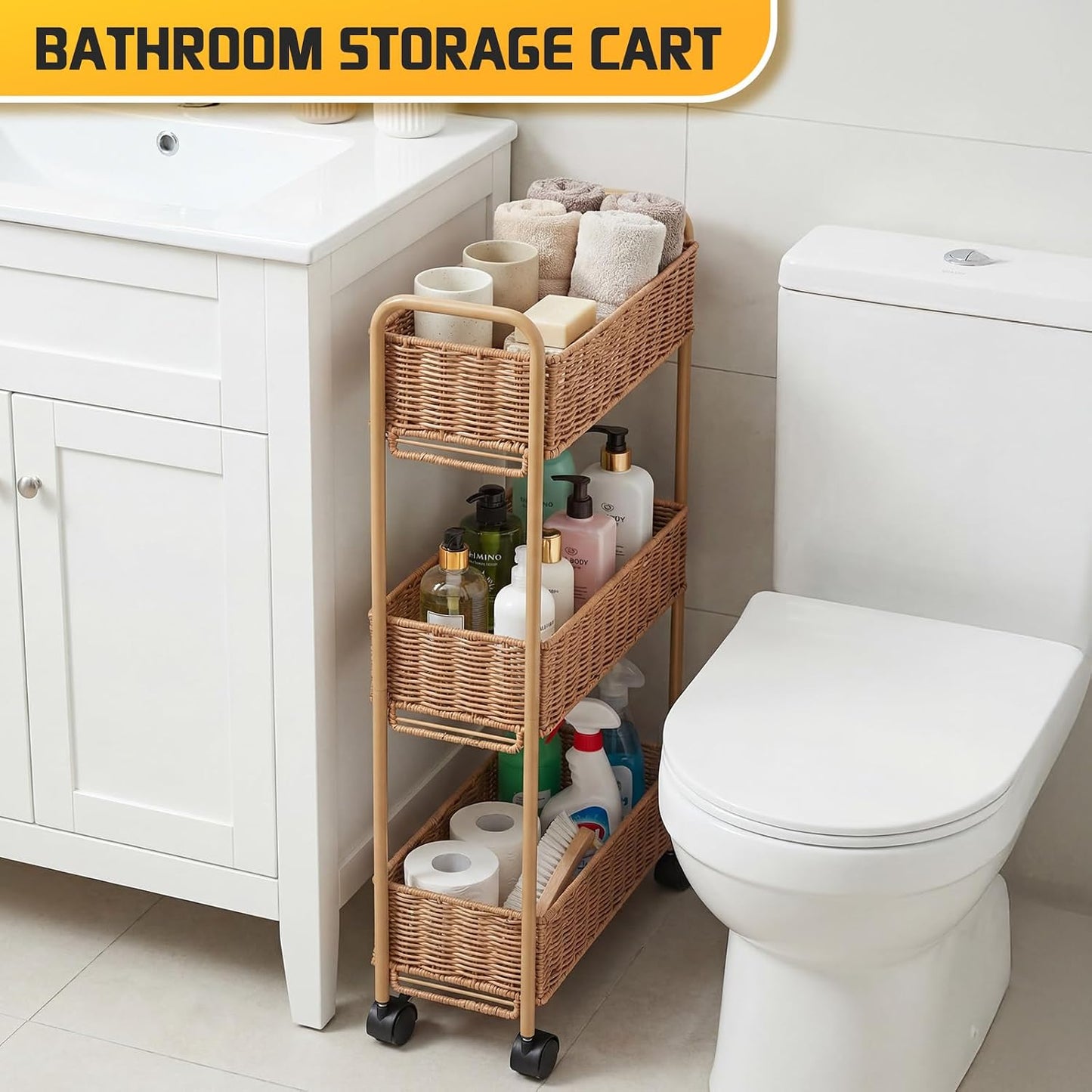 FOCHIER F Utility Slim Storage Cart,3-Tier Rolling Kitchen Office Laundry Room Cart,Mobile Shelving Unit Organizer for Living Room Bathroom Baby Diaper Narrow Places (Black, 3 Tiers-7.1 inch (W))