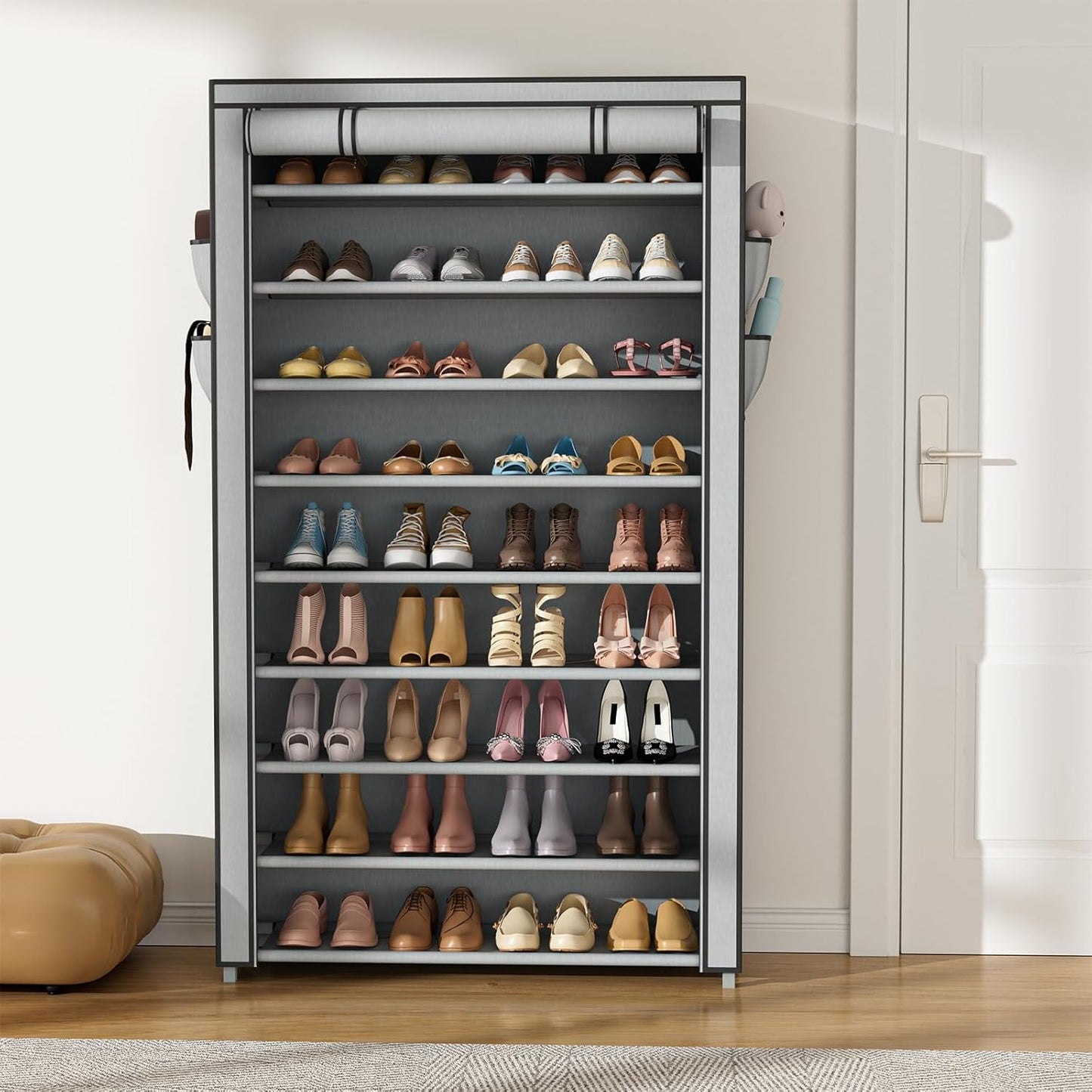 VILICK Shoe Rack with Cover Narrow Shoe Organizer with 4 Side Pockets 10 Tier Tall Shoe Storage Holds 18-22 Pairs Shoes and Boots Shoe Rack for Closet Entryway Garage