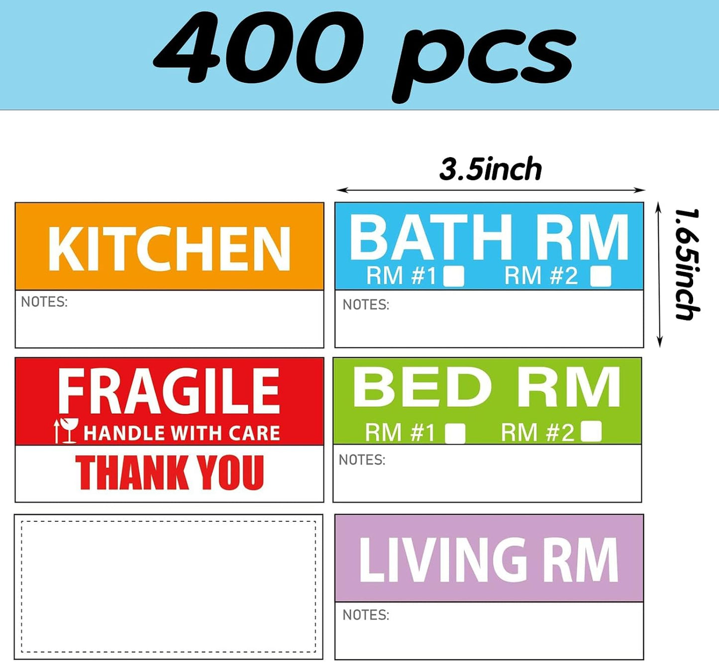 400 Pcs Large Home Moving Packing Box Labels, 1.65 x 3.5 Inches | 6-Color Coded, Fragile Labels Included, Blank Customizable Labels, Packing Box Stickers