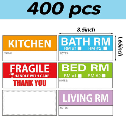 400 Pcs Large Home Moving Packing Box Labels, 1.65 x 3.5 Inches | 6-Color Coded, Fragile Labels Included, Blank Customizable Labels, Packing Box Stickers