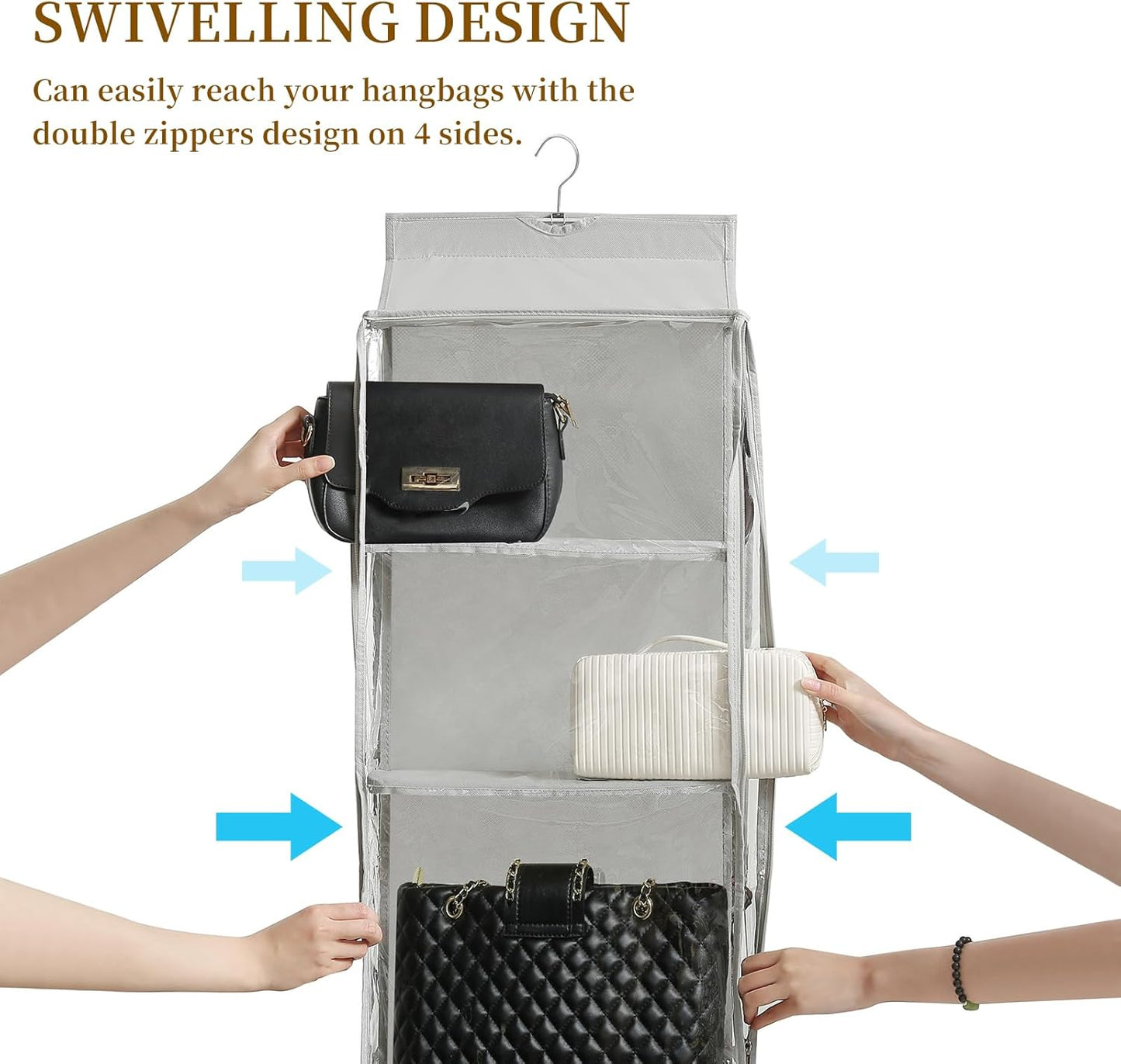 8 Grids in 1 Pack Hanging Purse Handbag Organizer with Double Zippers, Visible Purse Organizer for Closet, Fully Enclosed Purse Storage Holder-Black