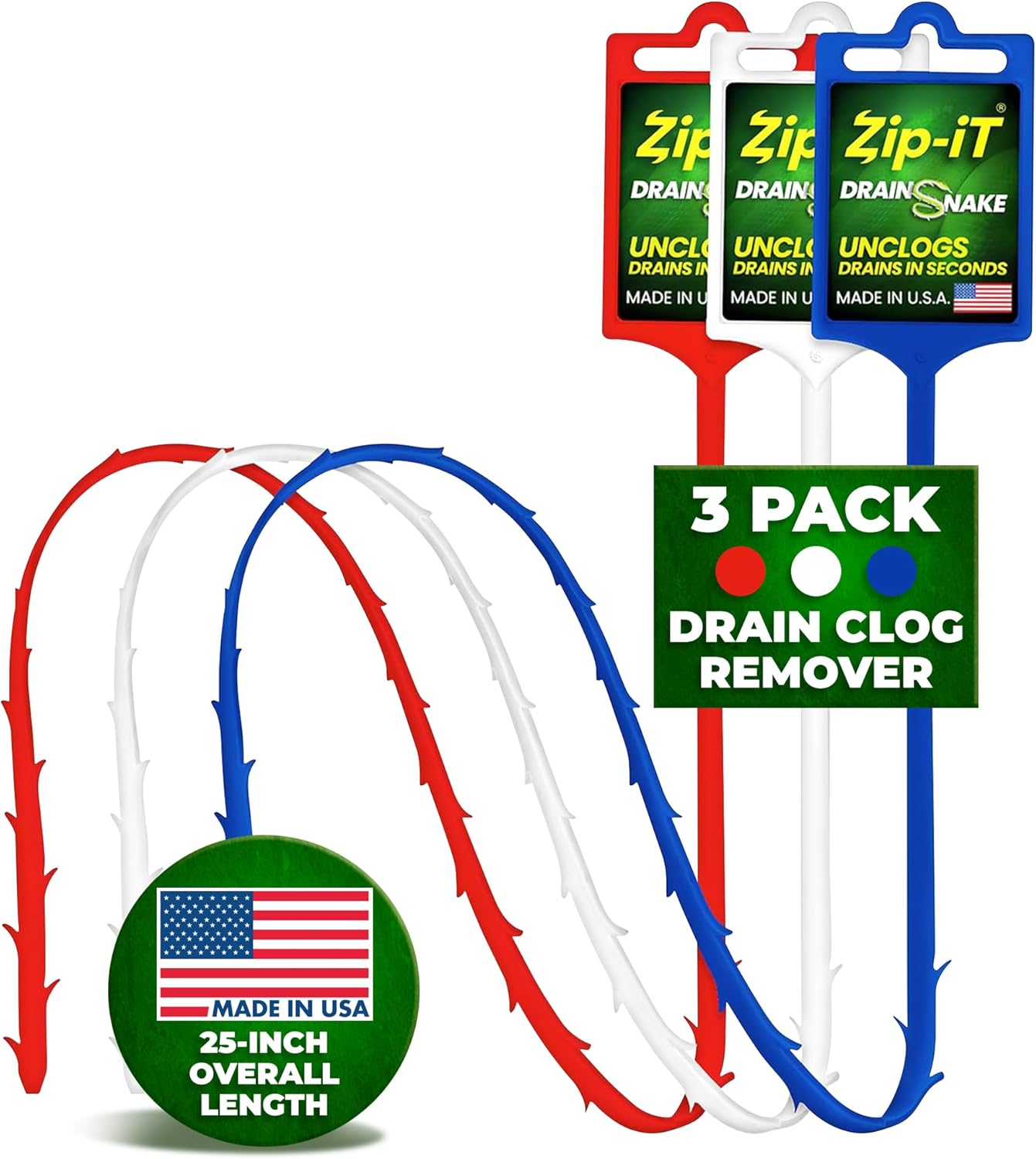 Zip-it Hair Drain Clog Remover, 25-inch Unclogger Tool for Shower, Tub & Sink In Seconds, Reusable, Flexible, Non-toxic Drain Snake, Green White Blue (3-pack)