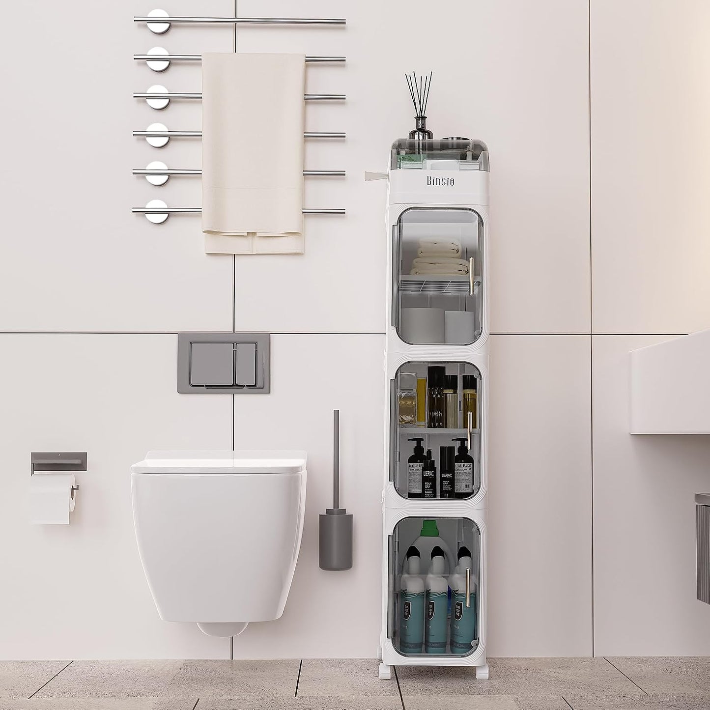 BINSIO 3-Tier Slim Bathroom Storage Cabinet for Toilet Side, Toilet Paper Storage Organizer, Narrow Rolling Bathroom Storage Cabinet with Transparent Doors for Small Space, Foldable Easy Assembly