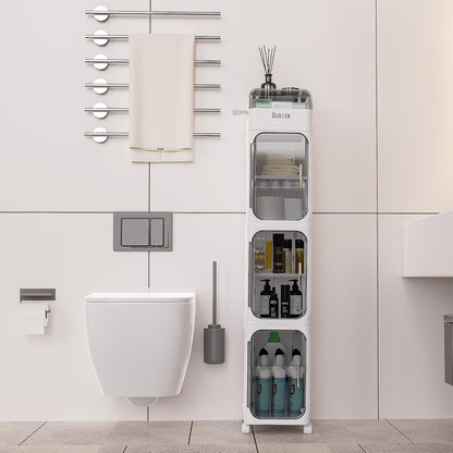BINSIO 3-Tier Slim Bathroom Storage Cabinet for Toilet Side, Toilet Paper Storage Organizer, Narrow Rolling Bathroom Storage Cabinet with Transparent Doors for Small Space, Foldable Easy Assembly