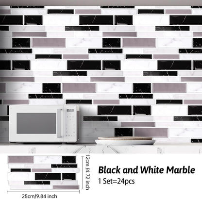 24 Sheet Peel and Stick Tile Backsplash Sticks for Kitchen 10"x 5" Back Splashes Self Adhesive Waterproof Tile Wall Paper for Bathroom Kitchen Backsplash, RV, Fireplace, Black/White Marble Look
