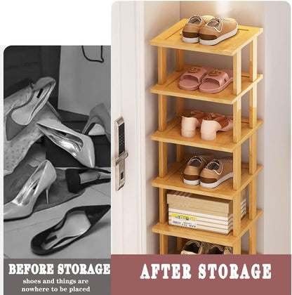 SAN HE 7-Tier Modern Bamboo Shoe Rack - Vertical, Slim, Space-Saving Shoe Organizer for Small Spaces, Closet, Entryway, Corner, Garage, Bedroom