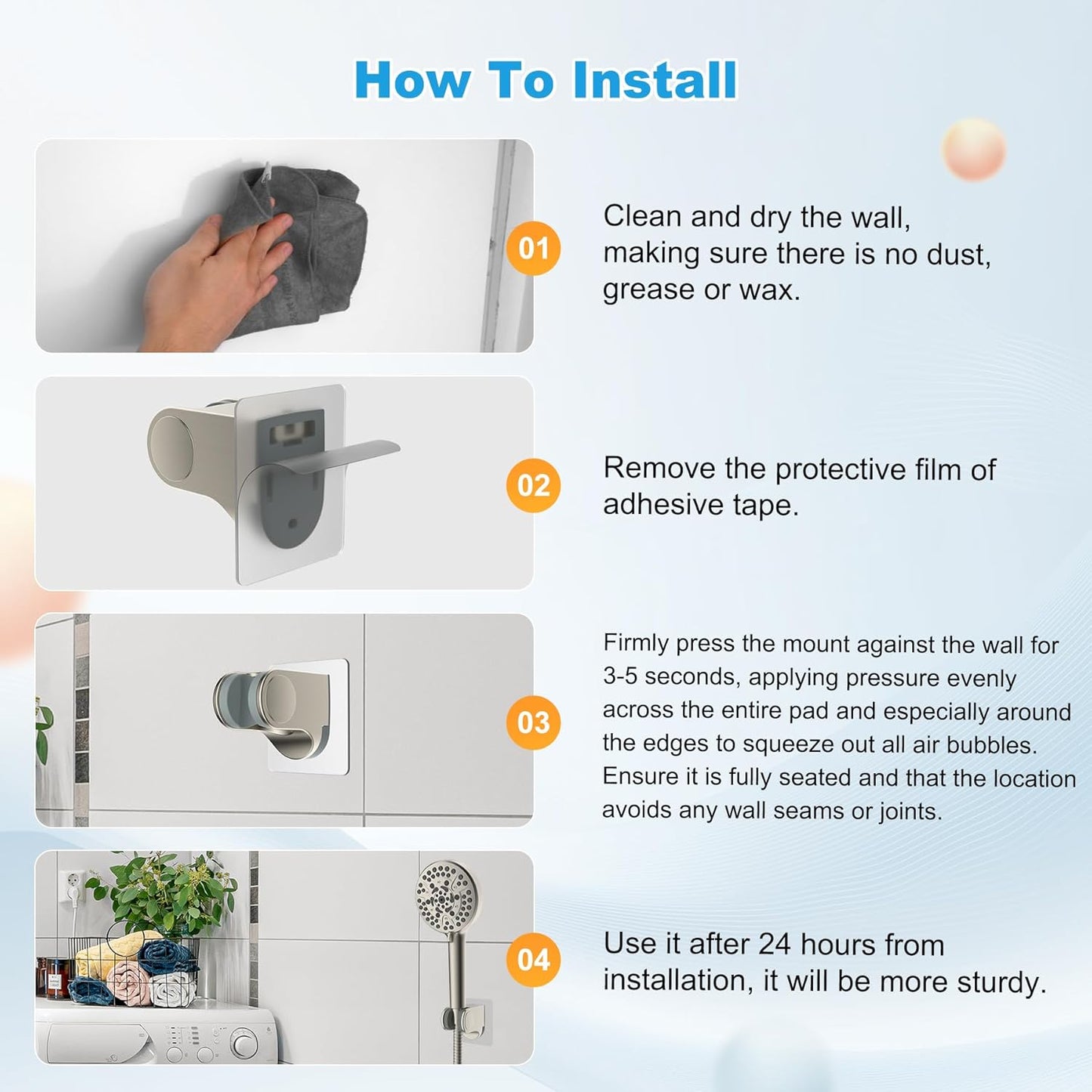 Hibbent Shower Head Holder, Strong Adhesive, Waterproof, Height Adjustable, Wall Mount, No Drilling, Matte Black