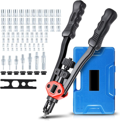 Auto Dynasty 21" Hand Riveter Rivet Nut Tool Set with 5 Guide Nozzle Silver Repair Hand Tool Kit Set for Home Household Office Warehouse