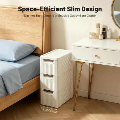 3 Drawers Slim Storage Cart, Narrow Plastic Rolling Organizer Small Cabinet Container with Wheels for Small Spaces, Kitchen, Laundry, Office, Bedroom (3 Drawers)