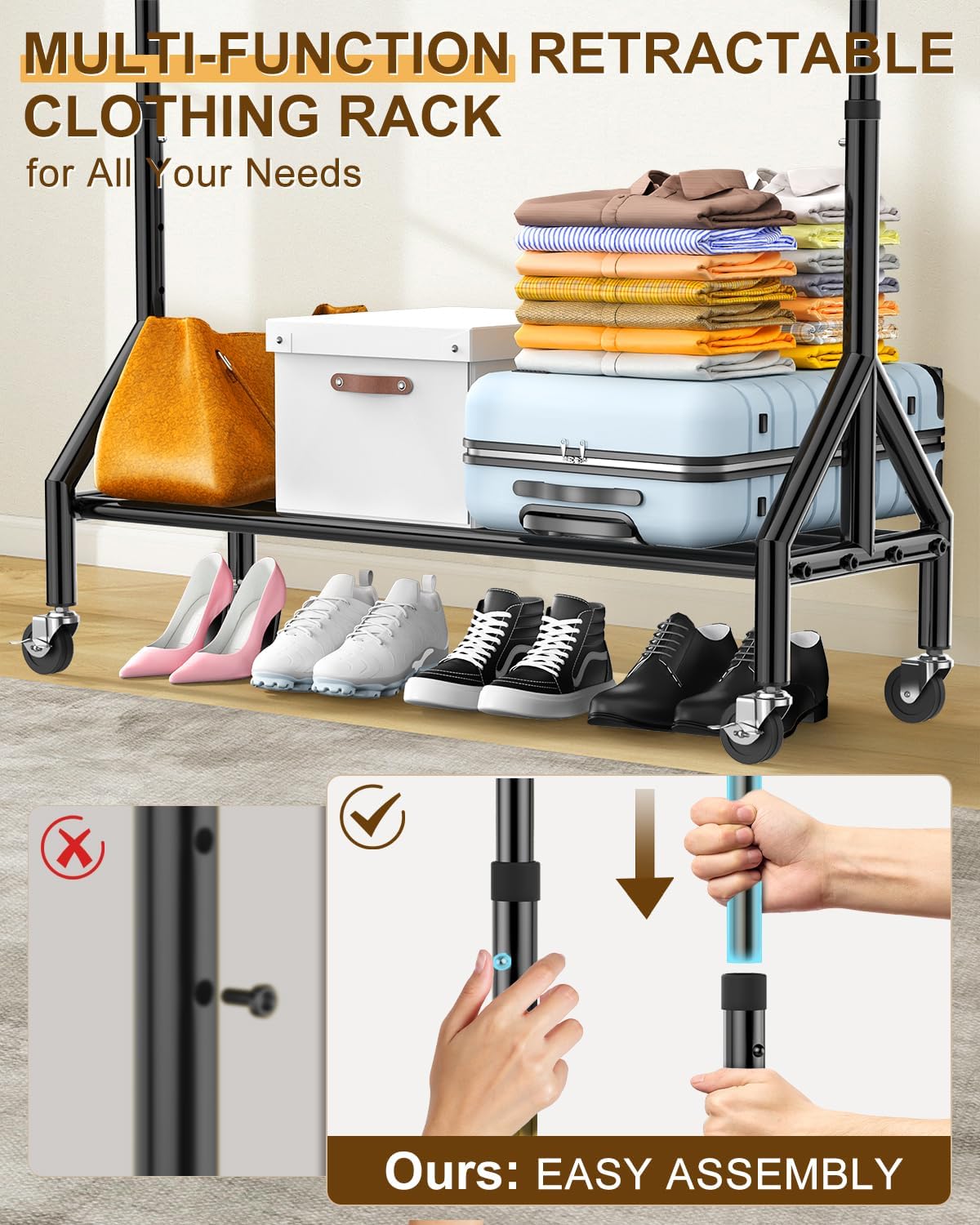 Upgraded 100% Stainless Steel Clothing Rack Load 760LBS, Heavy Duty Clothes Racks with Larger & Sturdy Wheel, Extendable & Adjustable Rolling Garment with Shelves for Hanging Portable Closet Rack