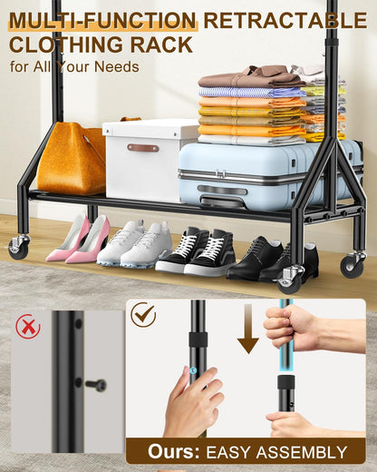 Upgraded 100% Stainless Steel Clothing Rack Load 760LBS, Heavy Duty Clothes Racks with Larger & Sturdy Wheel, Extendable & Adjustable Rolling Garment with Shelves for Hanging Portable Closet Rack