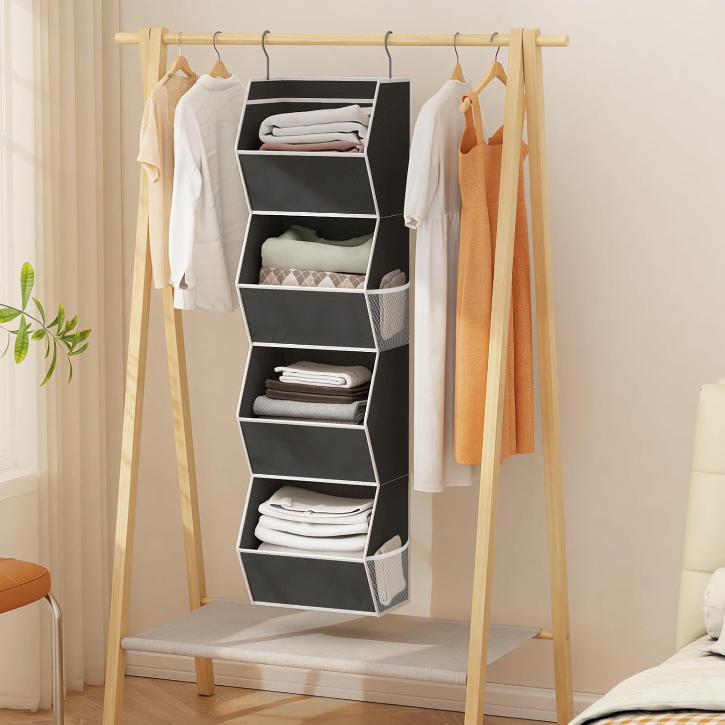 Hanging Closet Organizer 4 Shelf Collapsible Bedroom Closet Organizers and Storage Hanging with Mesh Pockets for Clothes, Fabric Hanging Storage Bins for Wardrobe Closet Organization and Storage, Grey