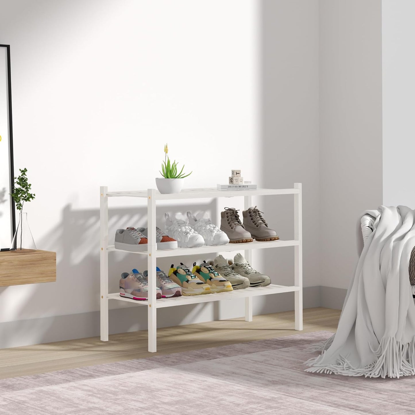 ROMGUAR CRAFT 3 Tier Bamboo Shoe Rack for Closet Free Standing Wood Shoe Shelf Storage Organizer for Entryway Small Space Stackable 27"x11"x20" (Natural)
