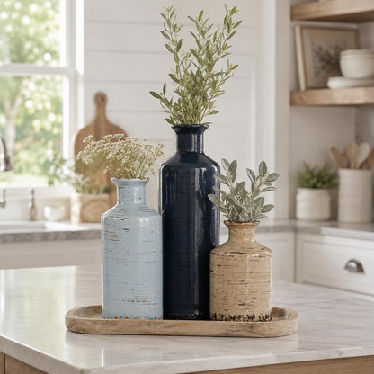 Ceramic Vase Set of 3 – Small Flower Vases, Modern Farmhouse Boho Flower Vases for Home Decor, Rustic Pottery Vases for Centerpieces, Living Room, Shelf, Fireplace, Entryway Decor, Table or Cabinet