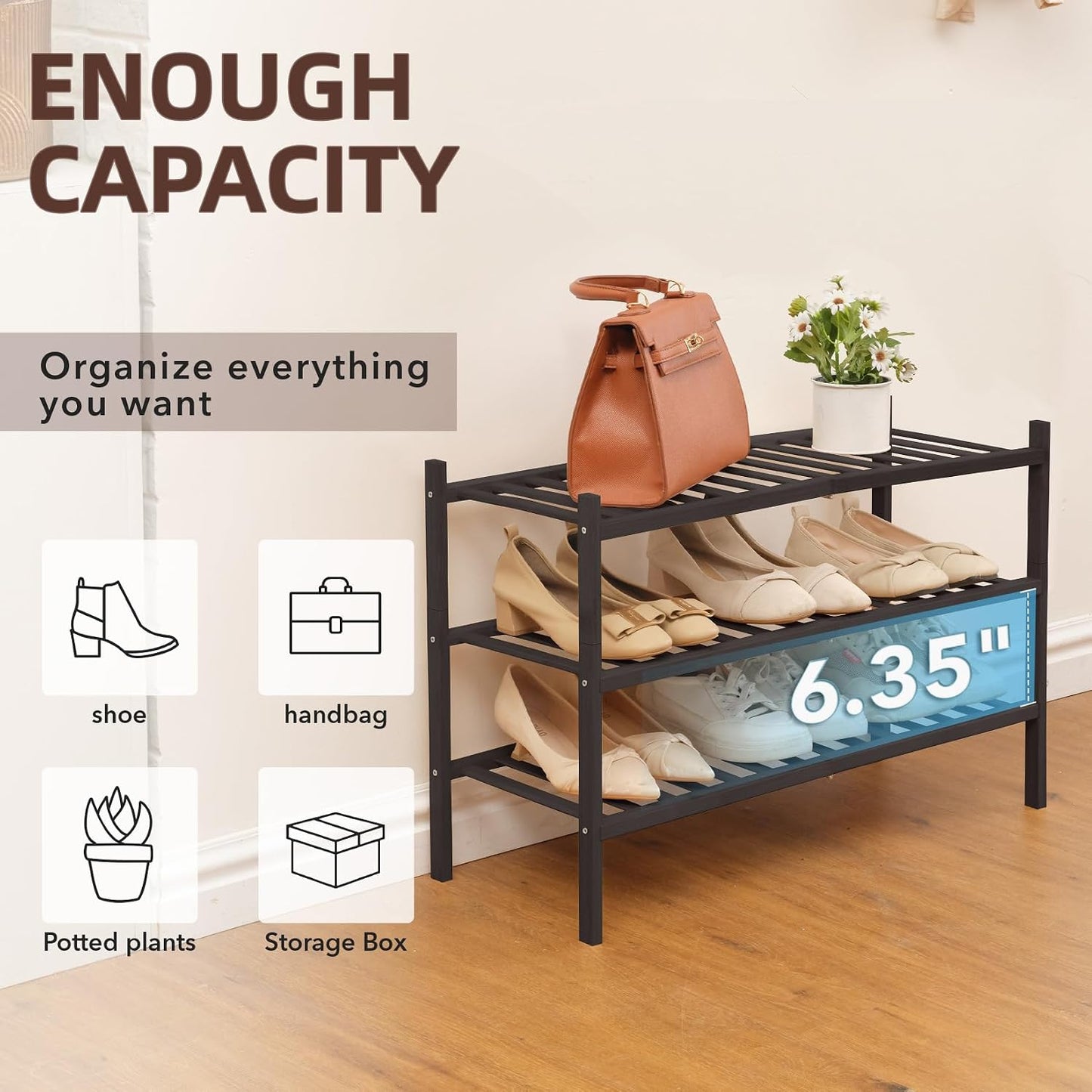 4 Tier Bamboo Shoe Rack Storage Organizer for Closet, Multifunctional Stackable Free Standing Shoe Shelf Organizer for Small Space,Entryway, Hallway, Bathroom27 x11 x26(White, 4 Tier)