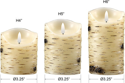 qinxiang Flameless Candles LED Candles Birch Bark Set of 3 (D 3.25" x H 4" 5" 6") Ivory Real Wax Pillar Battery Operated Candles with LED Flame 10-Key Remote Control and Cycling 24 Hours Timer