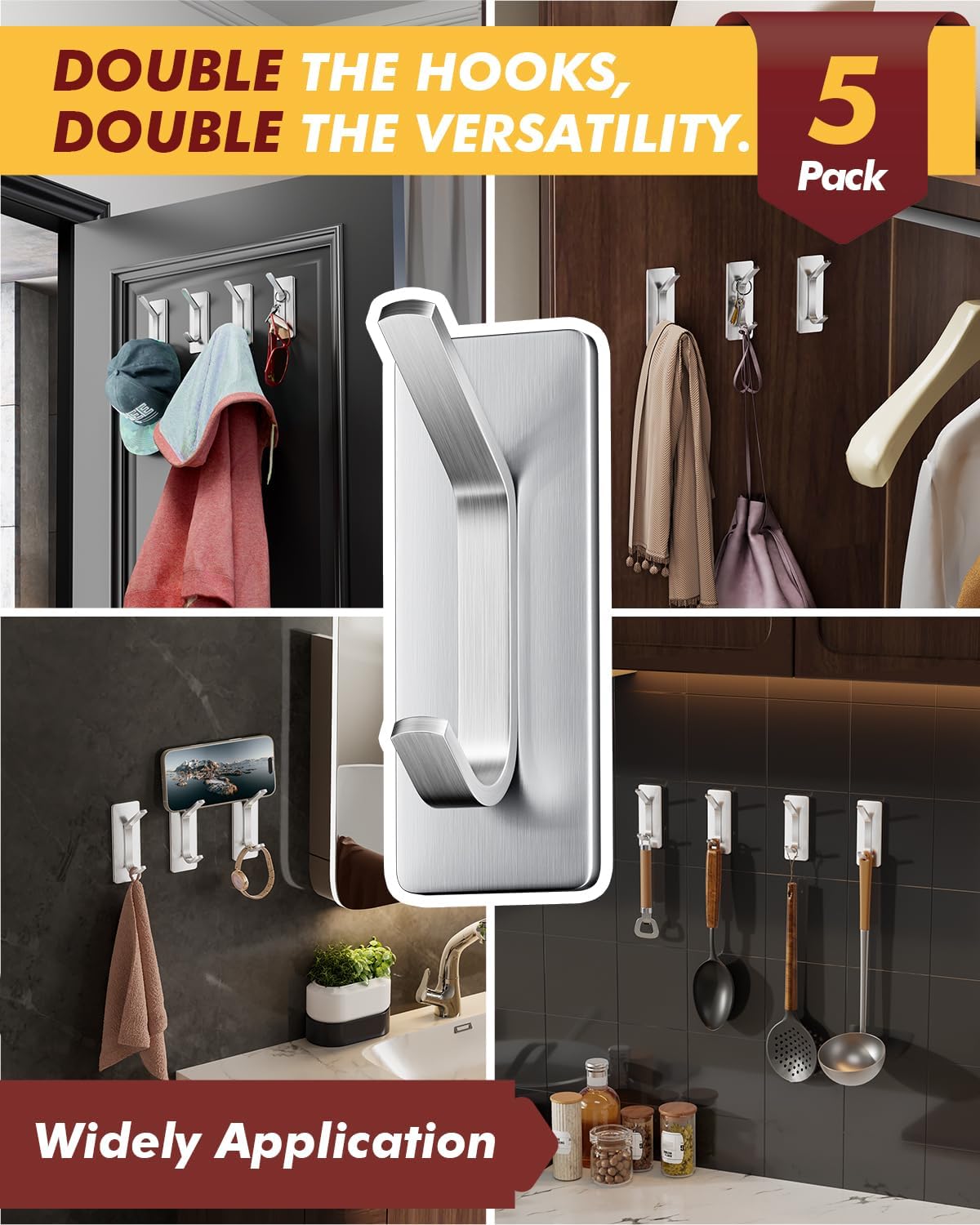 Auxmir Self Adhesive Hooks 15lbs Heavy Duty, 5 Pack Stainless Steel Wall Hooks for Coat Towel Robe, Waterproof Rustproof Oilproof, No Drill Door Hanger for Bathroom Shower Kitchen Office RV, Silver
