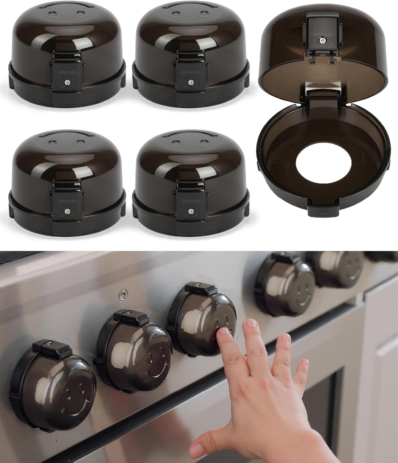 Bates- Stove Knob Safety Covers, Universal Size, 5 Pack, Black, Double Key Design, Heat Resistant Oven Knob Covers for Child Safety, Stove Guard Baby Proofing