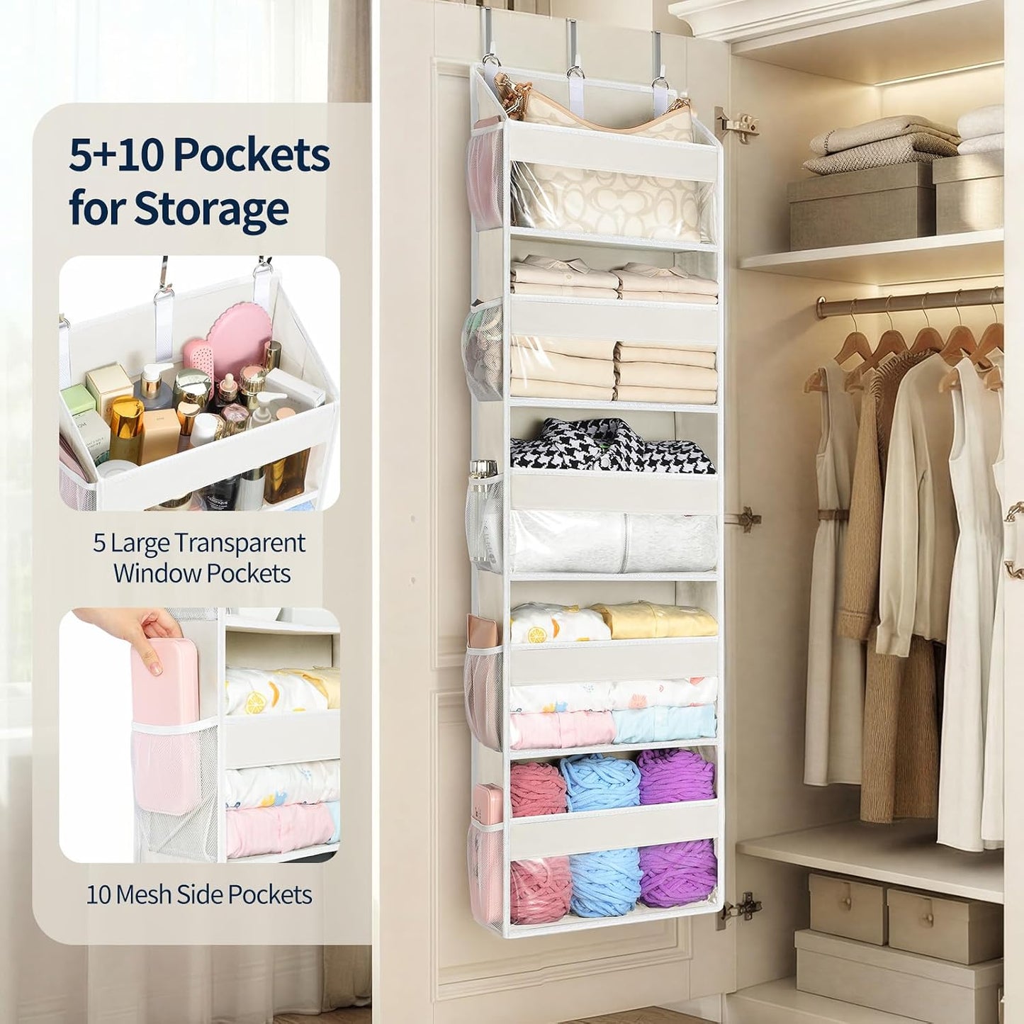 Yecaye Over the Door Organizer 5 Tiers, Heavy Duty Hanging Storage with 5 Large Clear PVC Pockets and 10 Side Pockets, 56lbs Capacity for Closet Door Bathroom Bedroom Nursery Dorm Laundry Room, Grey