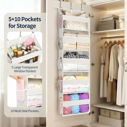 Yecaye Over the Door Organizer 5 Tiers, Heavy Duty Hanging Storage with 5 Large Clear PVC Pockets and 10 Side Pockets, 56lbs Capacity for Closet Door Bathroom Bedroom Nursery Dorm Laundry Room, Grey