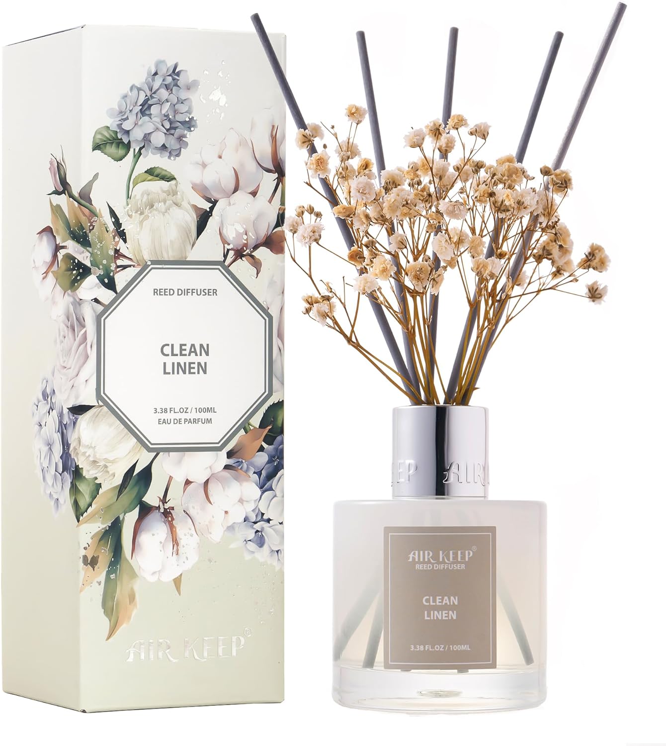 Airkeep Reed Diffuser Set,3.38 fl oz (100 ml) - Clean Linen Oil Diffusers with 8 Reed Sticks,Home Fragrance Reed Diffuser for Bathroom Shelf Decor