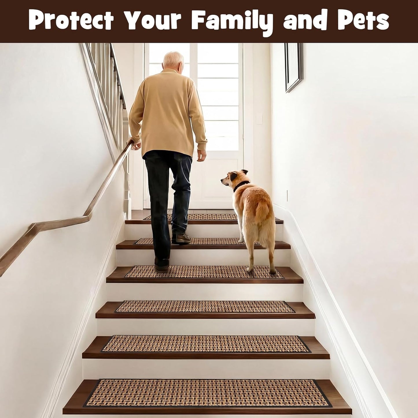 Dunzy 15 Pack Neutral Stair Treads for Wooden Step Self-adhesive Woven Stair Treads Indoor 8x30'' Non-slip Step Carpet Machine Washable Runner Safety Rug Mat for Carpet Elders Pets(Black Coffee Color)