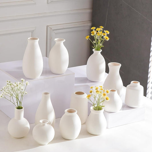 Small White Ceramic Vases Set of 5, Mini Decorative Boho Vases for Flower, Wedding & Home Decor