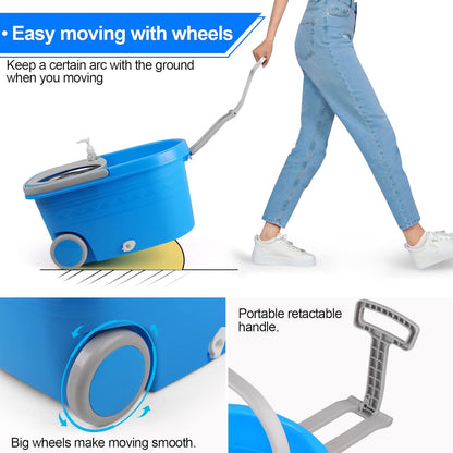Mop Bucket with Wringer Set, Extended Stainless Steel Handle, 3 Microfiber Replacement Mop Head Refills, 2 Wheels for Household Cleaning, Hardwood Floor Tiles, Blue/Gray