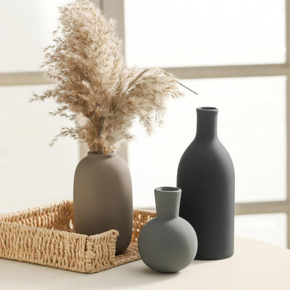 Ceramic Vase Set of 3, Decorative Vases Home Decor Modern Neutral Flower Pampass Boho Vase for Living Room, Table, Mantel, Entryway, Bookshelf, Kitchen, Bedroom, Bathroom - White