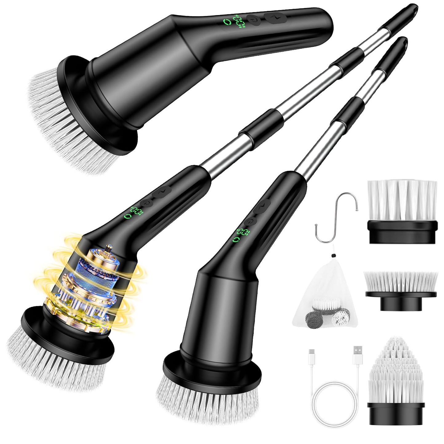 Shower Scrubber with Long Handle, Shower Cleaner Brush with 8 Floor Machine Pads, Cordless Electric Spin Scrubber for Cleaning with 2 Speed, Cleaning Supplies for Bathroom Bathtub Kitchen Floor Tile
