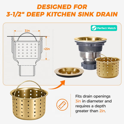 Deep Sink Strainer Basket – Fits Standard 3-1/2" Kitchen Drains – Stainless Steel Removable Strainer with 30 Disposable Mesh Bags – Makes Cleaning Food Debris Quick & Easy