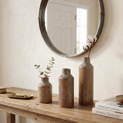 Brown Ceramic Vase Set of 3 - Rustic Farmhouse Vases for Centerpieces Small Modern Decorative Vase for Flower Kitchen Bathroom Bedroom Living Room Shelf Home Decor