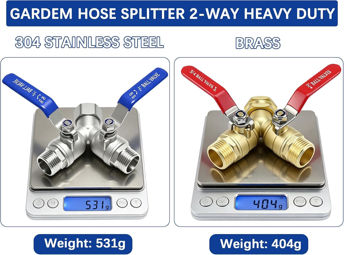 Hose Splitter 2 Way Heavy Duty, Full Flow Garden Hose Splitter with Large Easy-Turn Handle, 3/4 Inch GHT Brass Water Hose Splitter for Outdoor Faucet, Y Valve Hose Bib Splitter