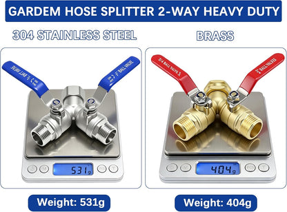 Hose Splitter 2 Way Heavy Duty, Full Flow Garden Hose Splitter with Large Easy-Turn Handle, 3/4 Inch GHT Brass Water Hose Splitter for Outdoor Faucet, Y Valve Hose Bib Splitter