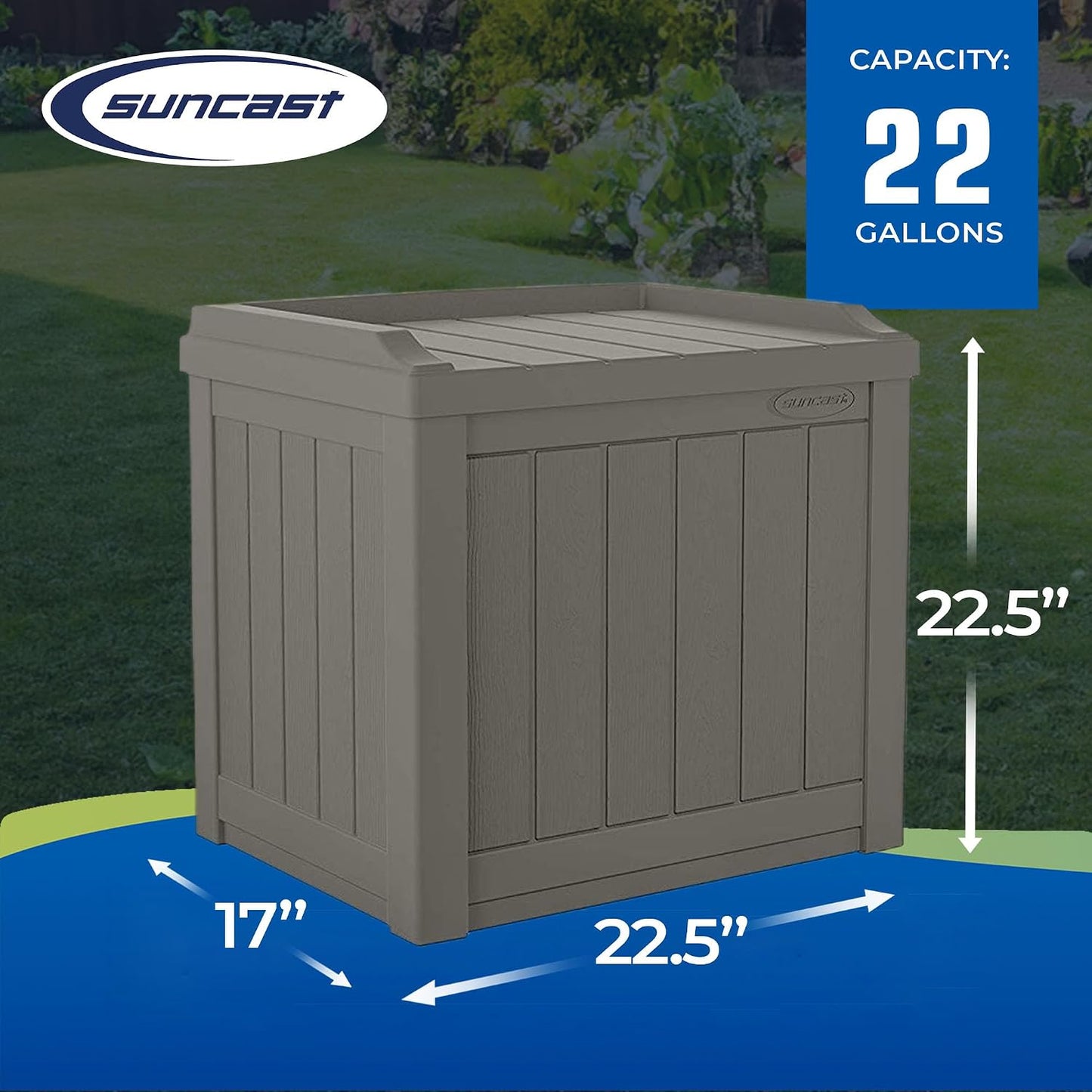 Suncast Outdoor Storage Box - 22 Gallon Stone Gray Resin Outdoor Deck Box with Seat, Weatherproof Patio Storage Bin Container for Keeping Cushions, Tools, & Towels for Pool, Yard, & Garden