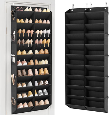 LANTEFUL Over the Door Shoe Organizer, Hanging Shoe Rack for Closet Door Shoe Storage for 30 Pairs Sneaker and Boots, Large Shoe Holder for Door with 10 Side Pockets, Space Saving, Black