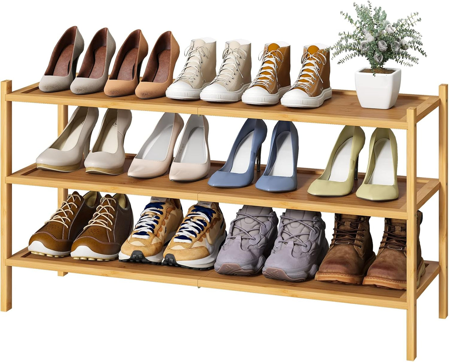 kiplant Small Shoe Rack, 4-Tier Bamboo Wood Shoe Rack for Entryway, Stackable Shoe Organizer for Hallway Closet, Free Standing Shoe Racks for Indoor & Outdoor