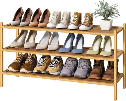 kiplant Small Shoe Rack, 4-Tier Bamboo Wood Shoe Rack for Entryway, Stackable Shoe Organizer for Hallway Closet, Free Standing Shoe Racks for Indoor & Outdoor