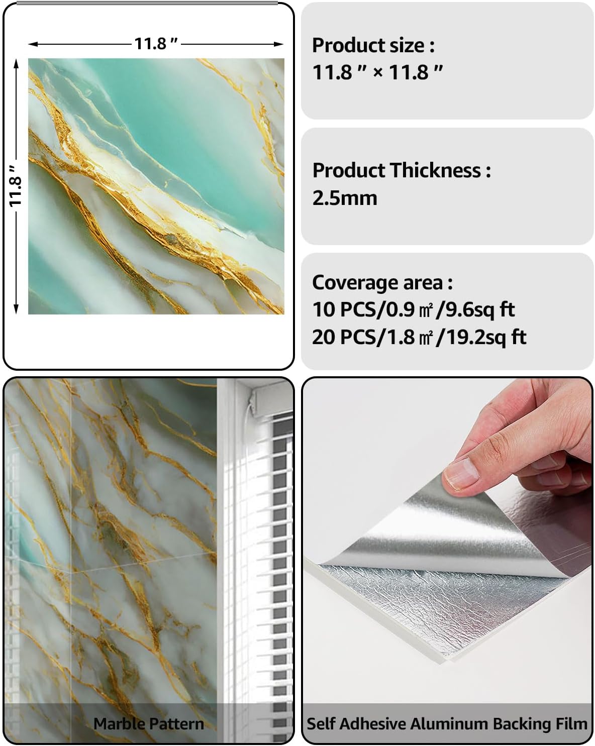 WADILE 10pcs Peel and Stick Shower Waterproof Marble Tiles Wall Panels, 11.8"x11.8" Self-Adhesive Backsplash, for Home Bathroom, Kitchen, Living Room White (Not Real Tile)
