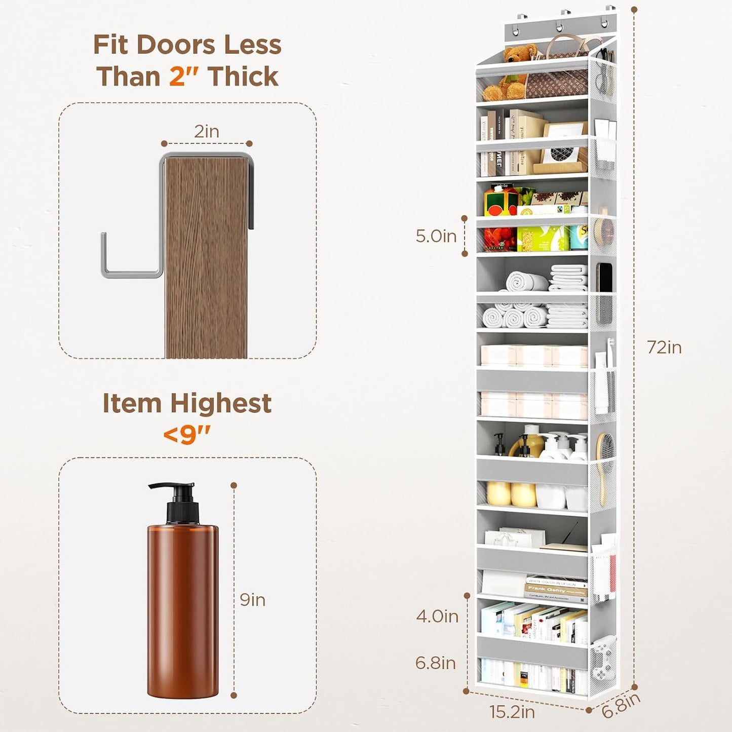 6 Tiers Over The Door Organizer, Heavy Duty Hanging Organizer Storage with Large Capacity Pockets, Behind Door Storage Hanging Shelves for Closet Wall Bathroom Bedroom Nursery Pantry, 1 Pack Grey