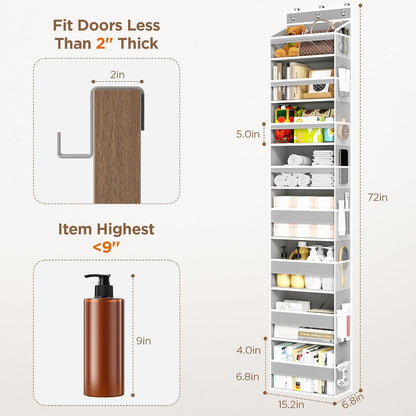 6 Tiers Over The Door Organizer, Heavy Duty Hanging Organizer Storage with Large Capacity Pockets, Behind Door Storage Hanging Shelves for Closet Wall Bathroom Bedroom Nursery Pantry, 1 Pack Grey
