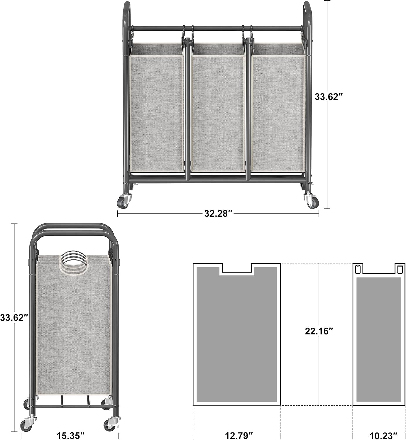 Whitmor Laundry Sorter, 92L Laundry Hamper with Shelf & 2 Removable Bags, 2 x 12.1 Gallons (46L), 28.8 x 13 x 28.4 Inches, Dirty Clothes Hamper Organizer for Laundry Room, Bathroom, Dorm, Black