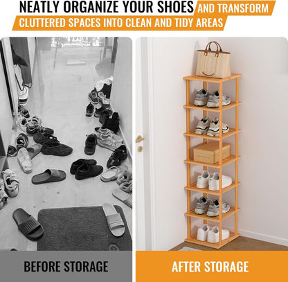 MHXW SXPN Bamboo Free Standing Shoe Rack Shelf Multi Tier Tall Wooden Stackable Shoes Rack Organizer for Closet Front Door Entrance Narrow Vertical Shoe Storage (Nature, 7 Tiers)