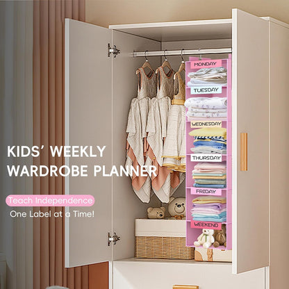 Weekly Hanging Closet Organizer for Kids, 6-Shelf Clothes Storage with Labeled Days of The Week Monday Through Friday, Weekday and Weekend, Days of The Week Clothes Organizer