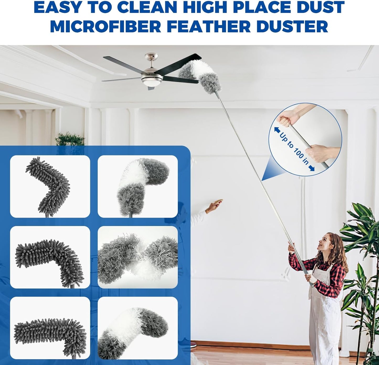 Retractable Gap Dust Cleaner Cleaning Tools with 2 Microfiber Dusting Cloths Long Handle 60inches Washable and Retractable Duster Brush for Cleaning Under Appliances Furniture Couch Fridge